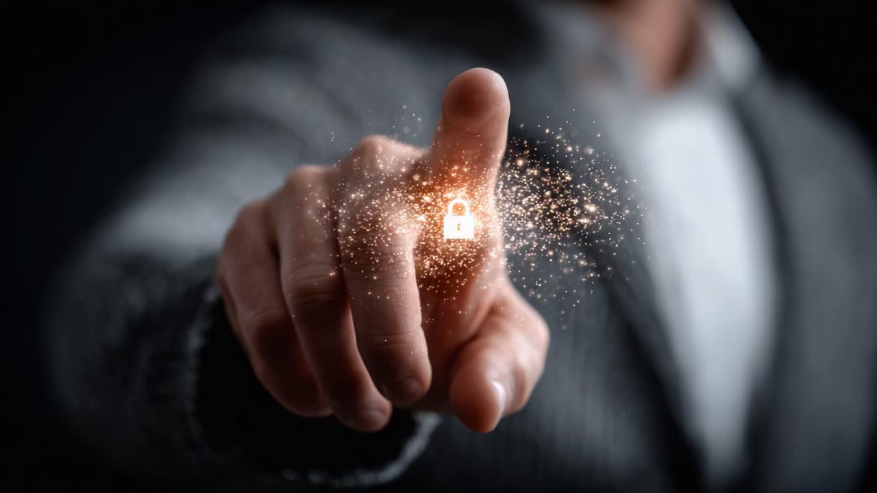 Aprimorando a Segurança Digital: Uma Pessoa com um Símbolo de Cadeado Brilhante, Representando a Importância da Cibersegurança e Proteção de Dados na Era Moderna.