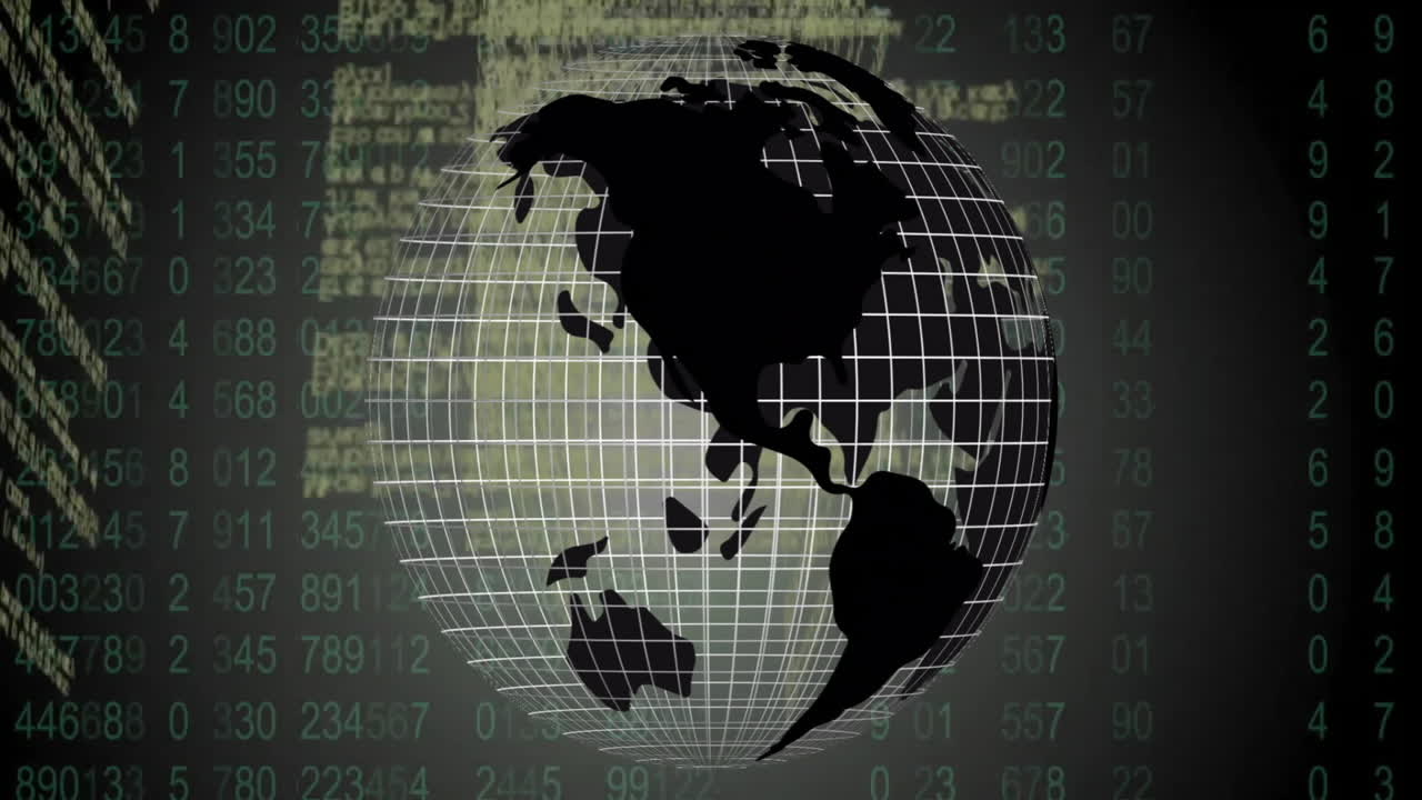 Rotating globe with grid lines animation over scrolling numbers and data