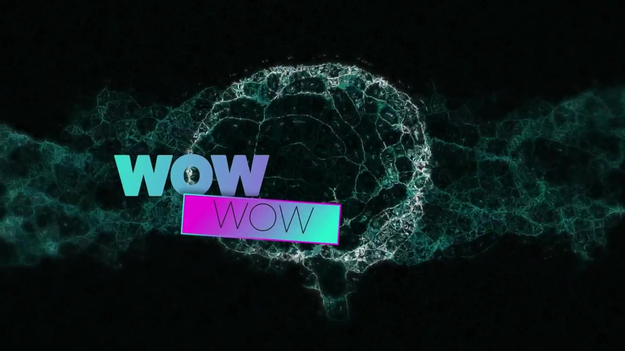 Animation of wow text over human brain and dna strand on black background