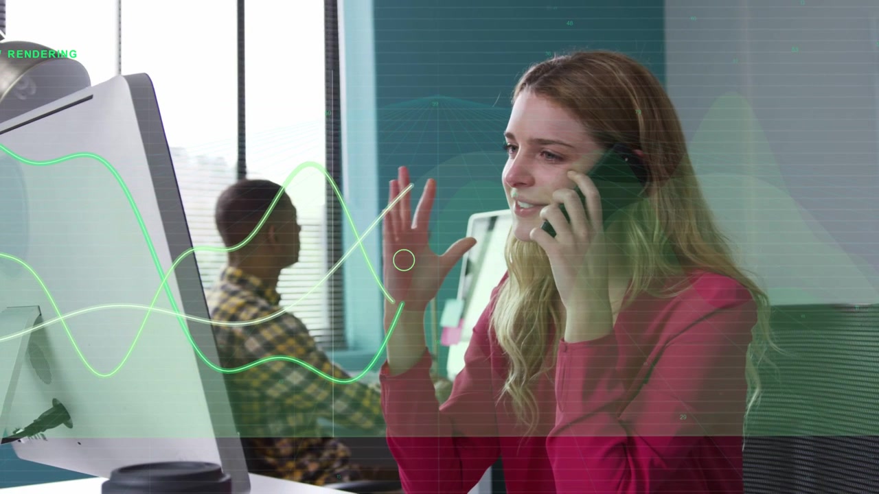 Woman on phone gesturing, business call resolving issue while green waves aligning with gestures