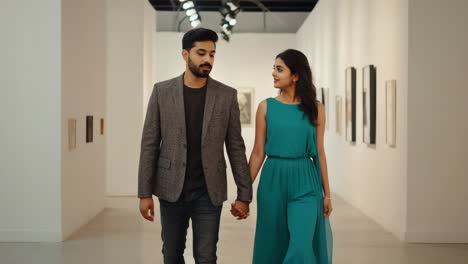 Elegant couple sharing intimate moments during museum visit, walking hand in hand and deeply appreciating displayed artworks with quiet connection
