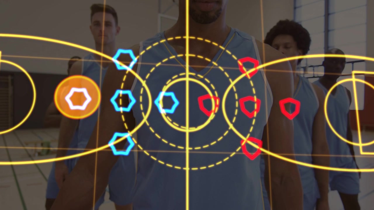 Holding basketball, center player at gym, overlay appearing showing tactics, team in blue uniforms