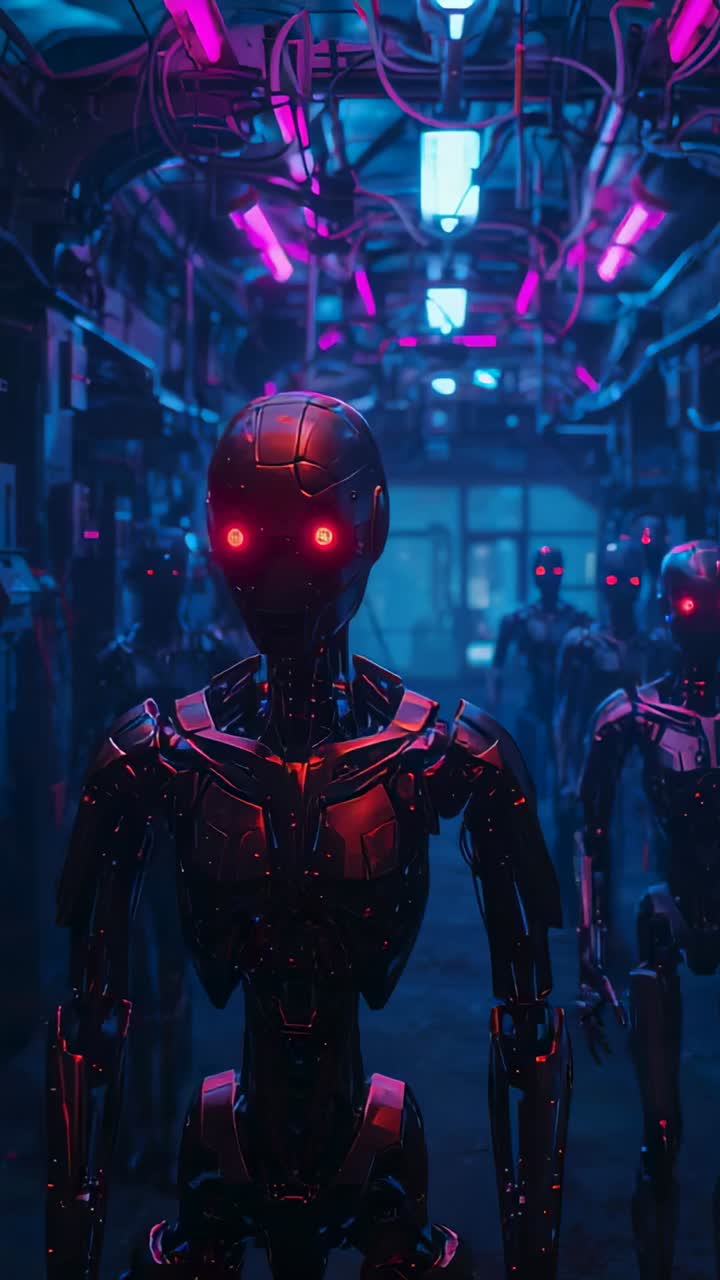 Vertical video: Powering up lead humanoid robot advancing in assembly corridor, red eyes glowing