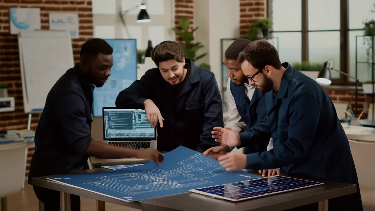 Engineers Collaborating on Solar Energy Blueprint and Technology