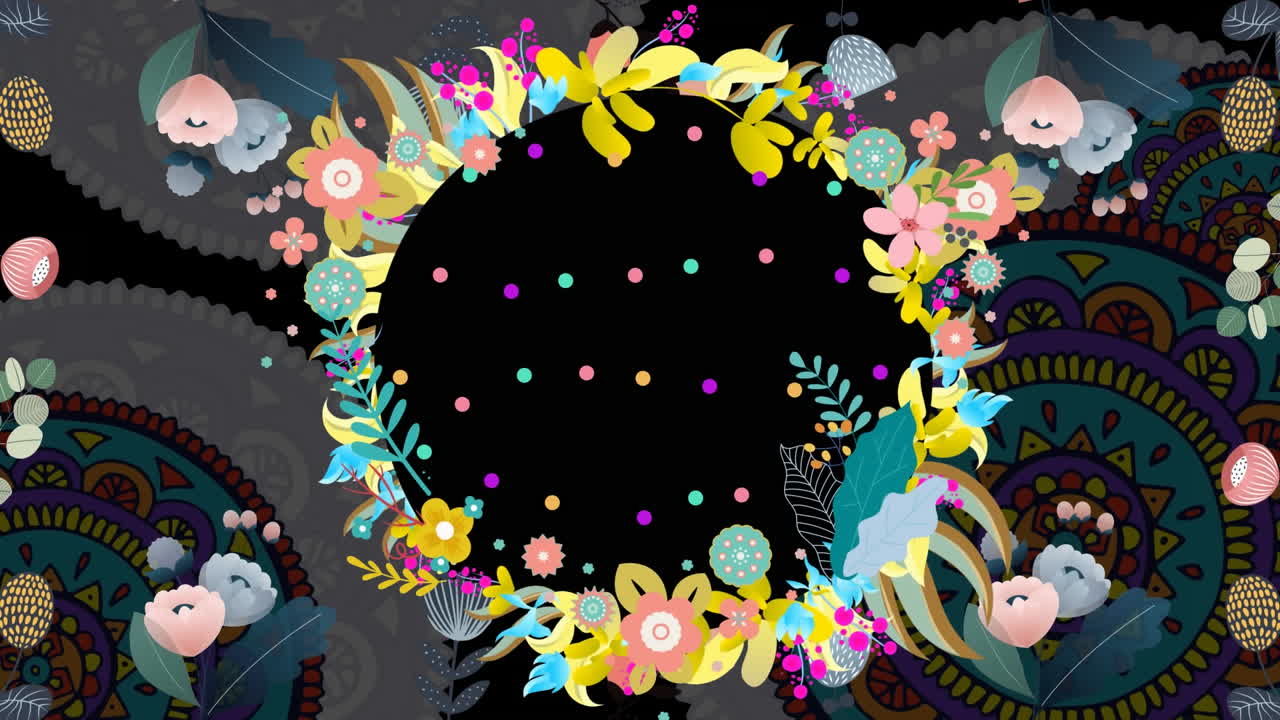 패턴 된 배경에 꽃 패턴과 꽃과 함께 회전하는 원의 애니메이션