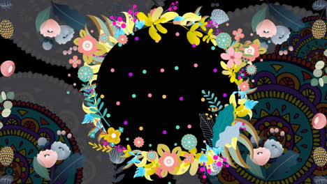 animación de un círculo giratorio con patrón floral y flores en un fondo estampado