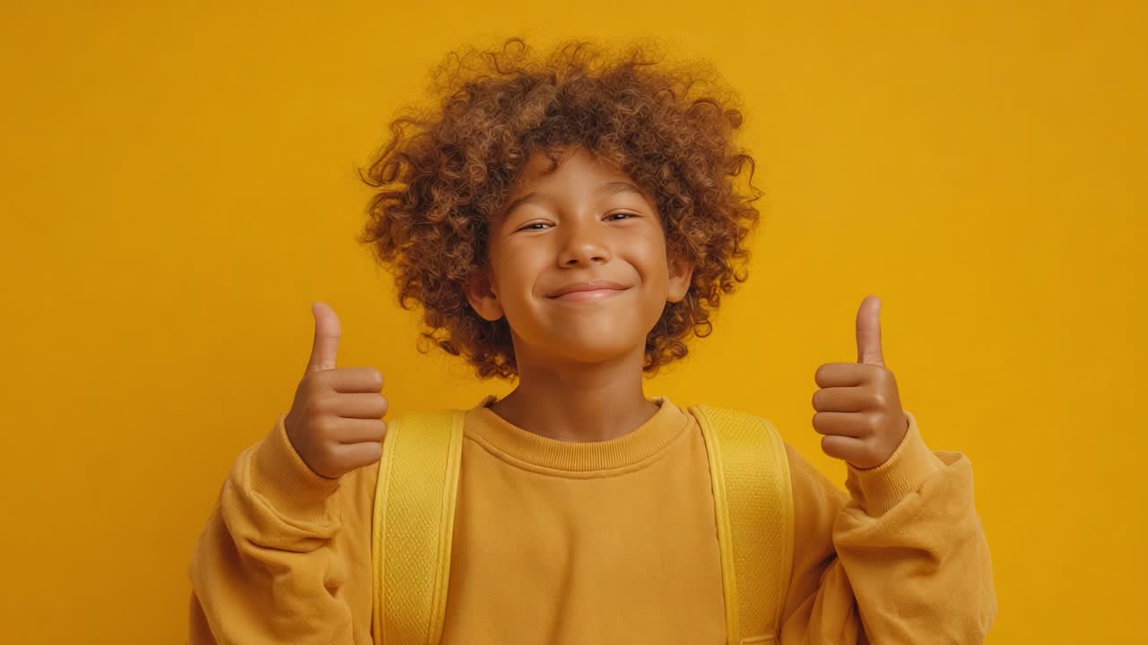 A joyful child with curly hair celebrates happiness with both thumbs up, showcasing an enthusiastic expression against a vibrant yellow background