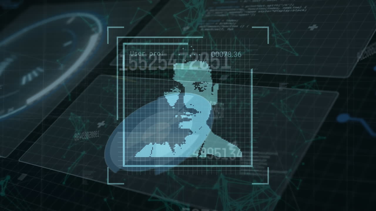 Animazione di elaborazione dati con ritratti di persone diverse su una scansione