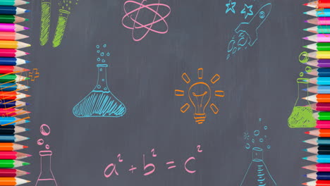 animación de iconos de artículos escolares con lápices de colores sobre un fondo negro