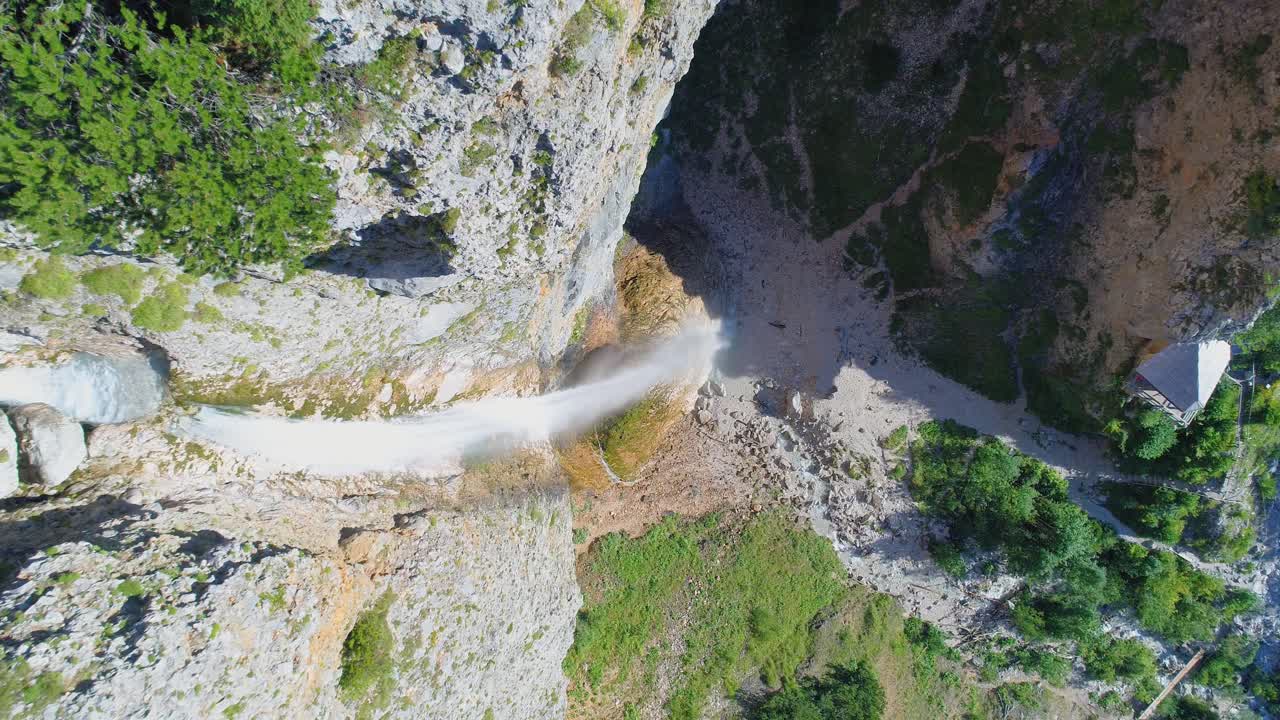 Top down aerial of Rinka waterfall, a scenic spot in Logar valley, Slovenia