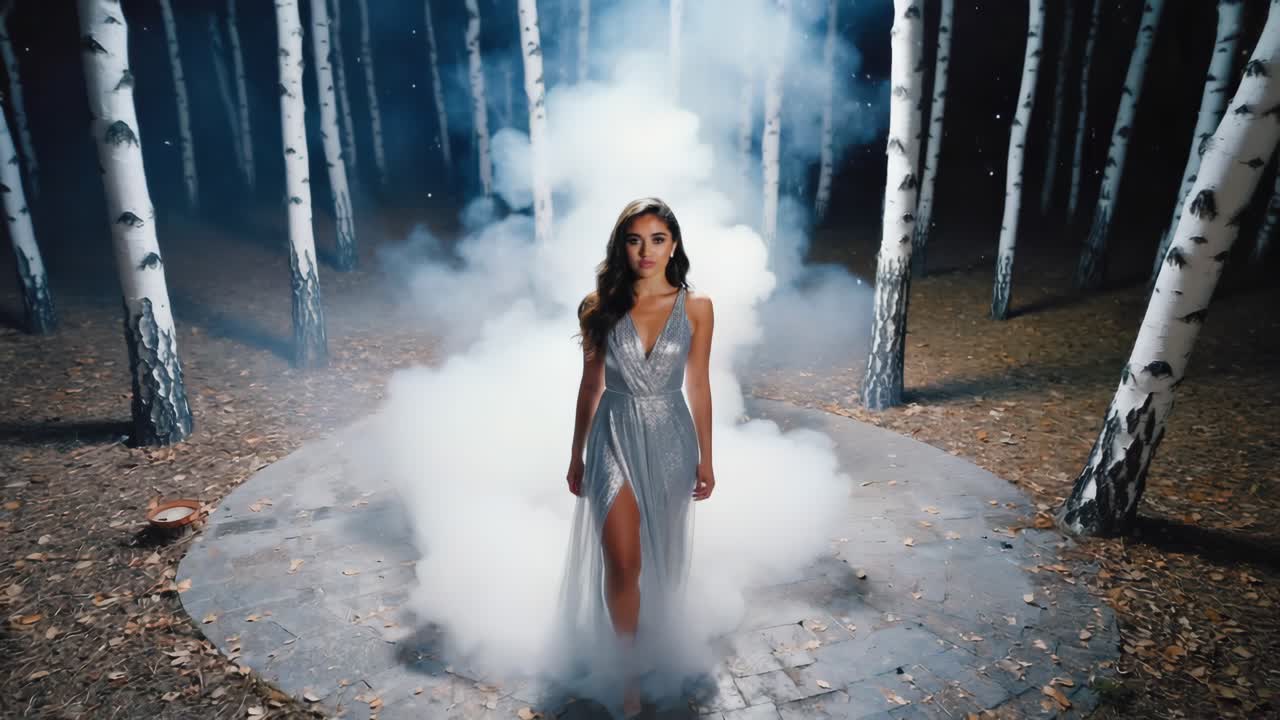 Fashion model walking confidently through smoke in a birch forest, wearing a long silver dress, creating a magical and glamorous atmosphere