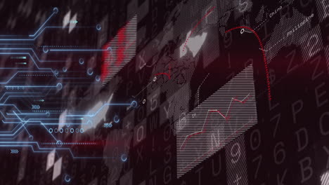 overlaying digital data and graphs on abstract red and black animation background