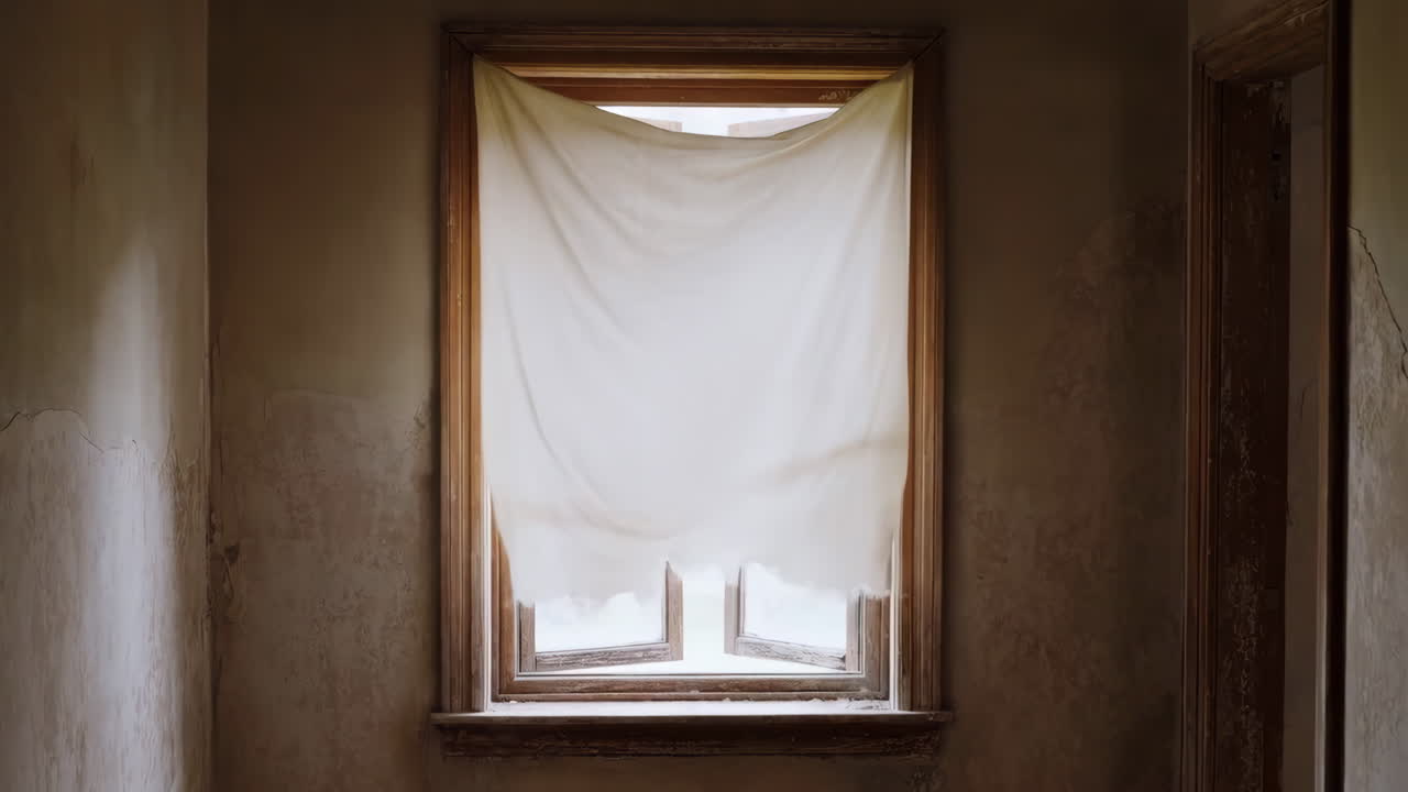 Old Window with Draped Fabric in an Abandoned Room