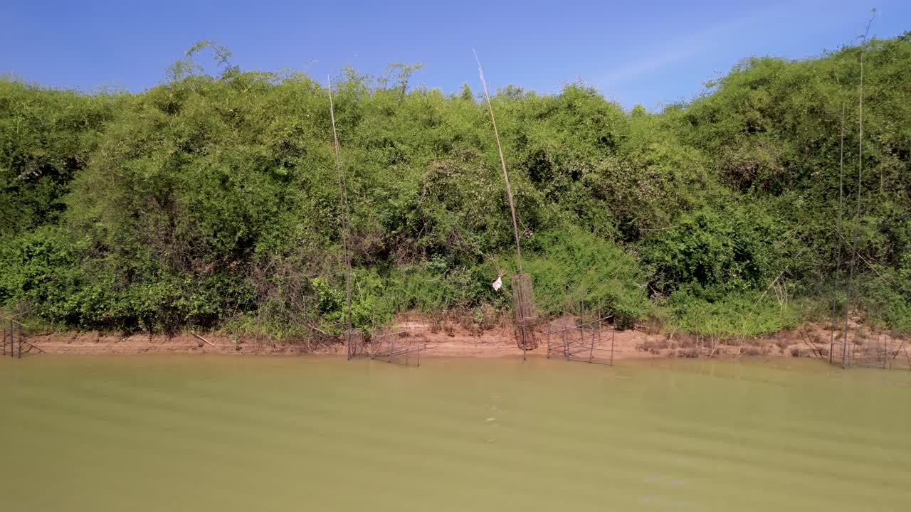 Simple bamboo traps installed along shallow river edge under open sun, traditional passive fish capture system