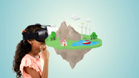 girl using virtual reality headset with digitally generated icons 4k