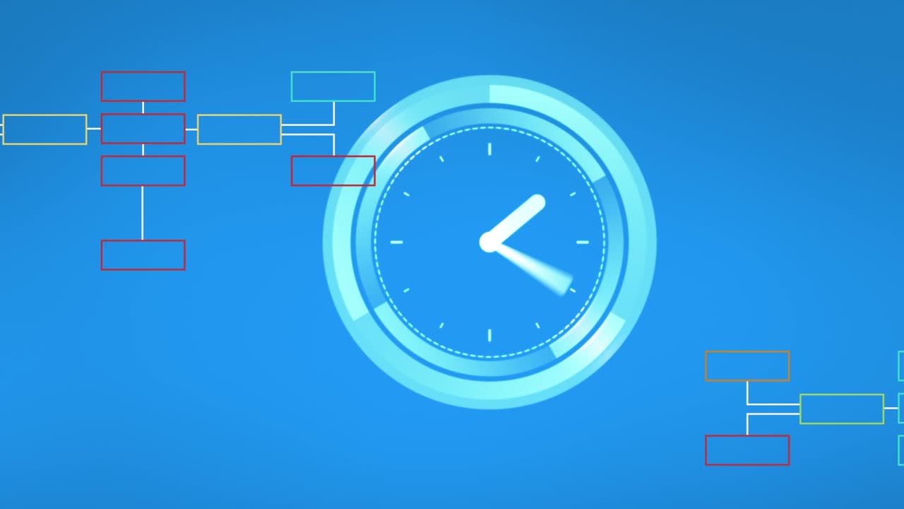 Animation of clock moving fast and network of rectangles over blue background