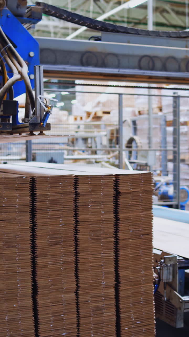 Modernized woodworking manufacture. Robotic equipment composing wooden panels inside the parquet floor factory. Vertical video