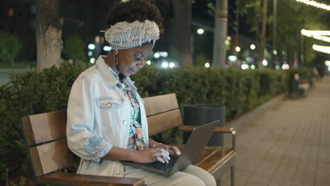 african american woman sitting in park in evening and using laptop