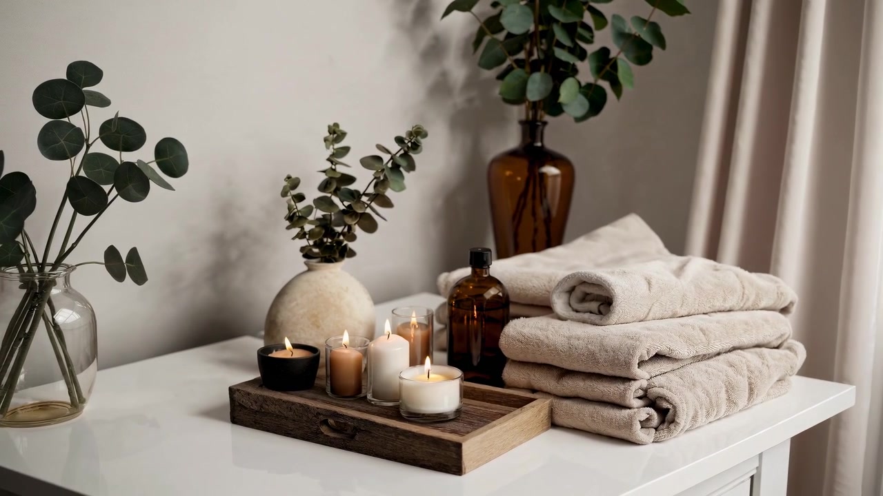 Ambiance spa avec bougies, serviettes et branches d'eucalyptus