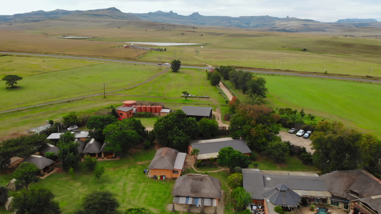 Aerial view of a resort in a mountainous landscape