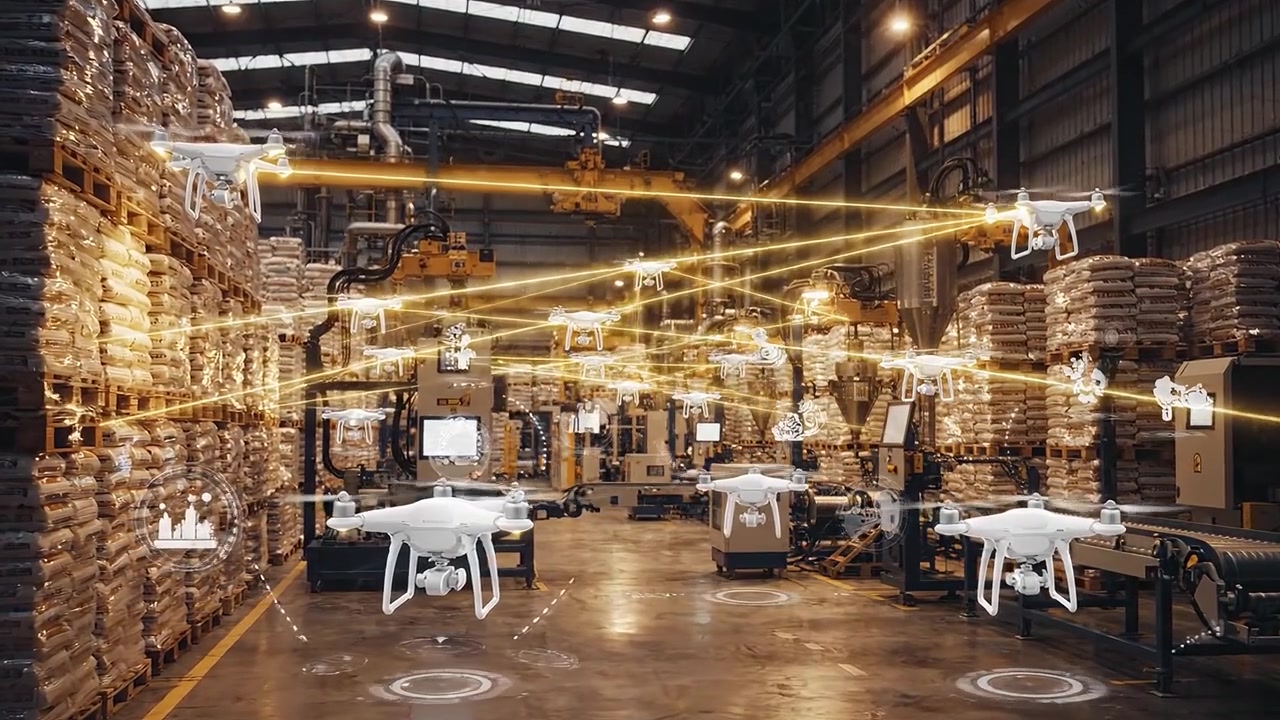 Droni industriali che gestiscono la logistica in un magazzino automatizzato