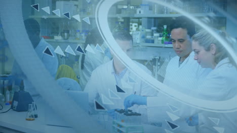 in laboratory, scientists working with test tubes, analyzing digital data animation