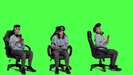 행복한 게이머는 vr 안경으로 비디오 게임 토너먼트에서 승리합니다.