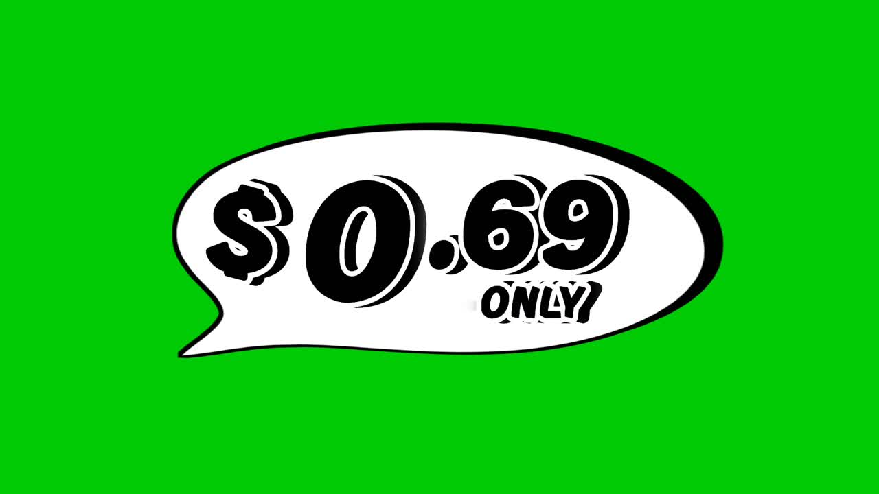 $0.69 price tag in speech bubble animation motion graphics on green screen background. Perfect for ads, e-commerce, retail, discounts, and promotion business concept video element