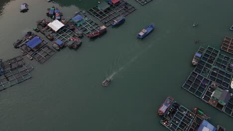 Toma-Aérea-De-Un-Barco-Flotando-A-Través-De-Pueblos-Pesqueros-En-Cat-Ba-Y-La-Bahía-De-Halong-En-El-Norte-De-Vietnam