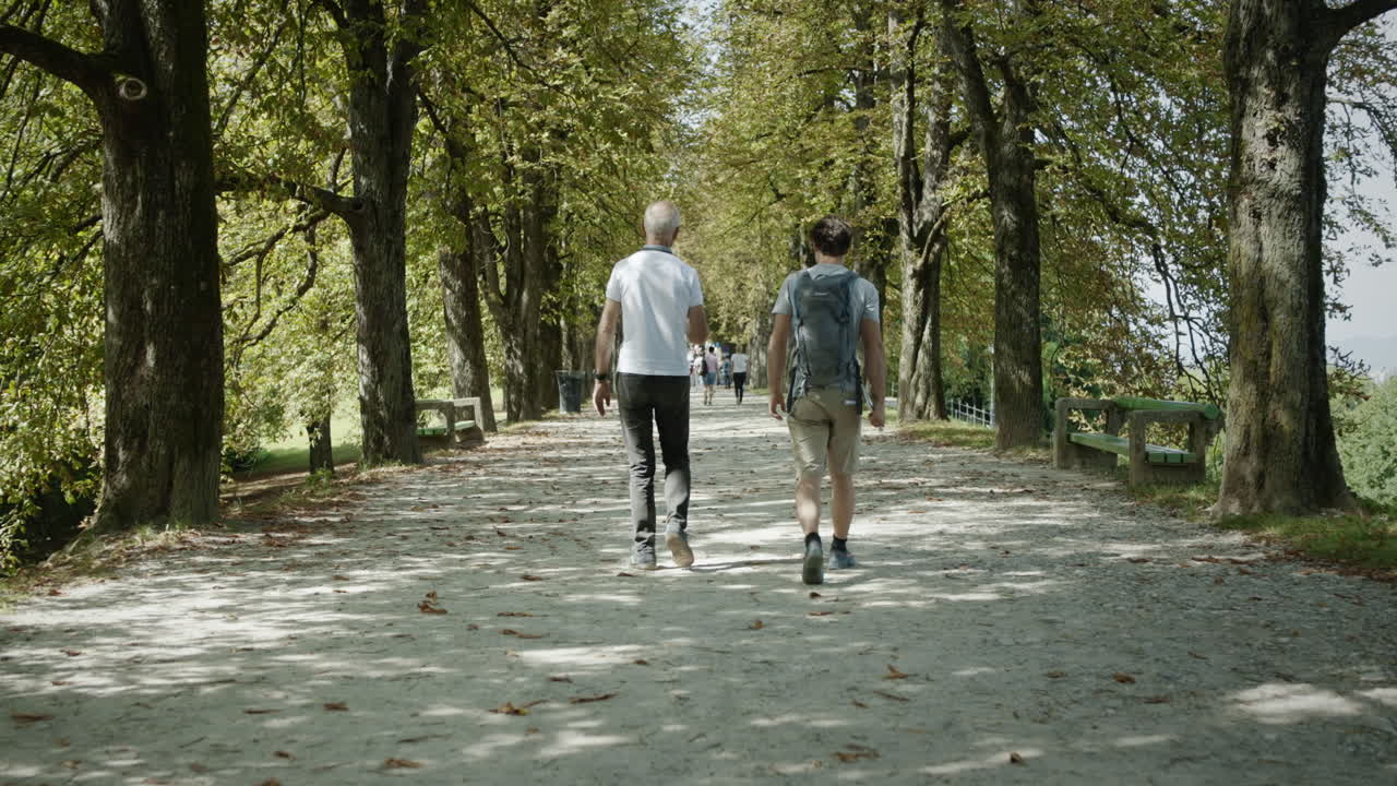 un joven excursionista camina por la avenida de árboles con un señor mayor para discutir un destino de senderismo
