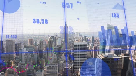 animation of statistical data processsing over grid network against aerial view of cityscape