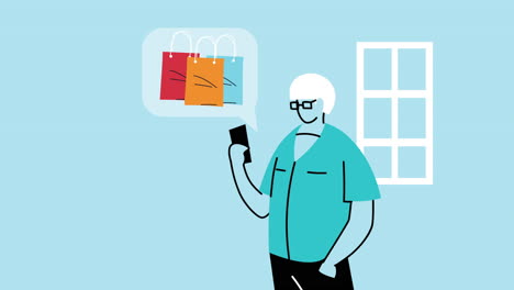 hombre usando teléfono inteligente comercio animación electrónica