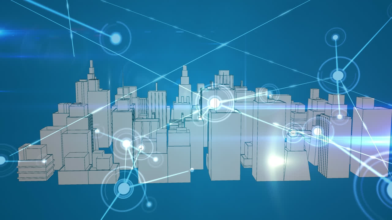 Animation of network of connections and data processing over city on blue background