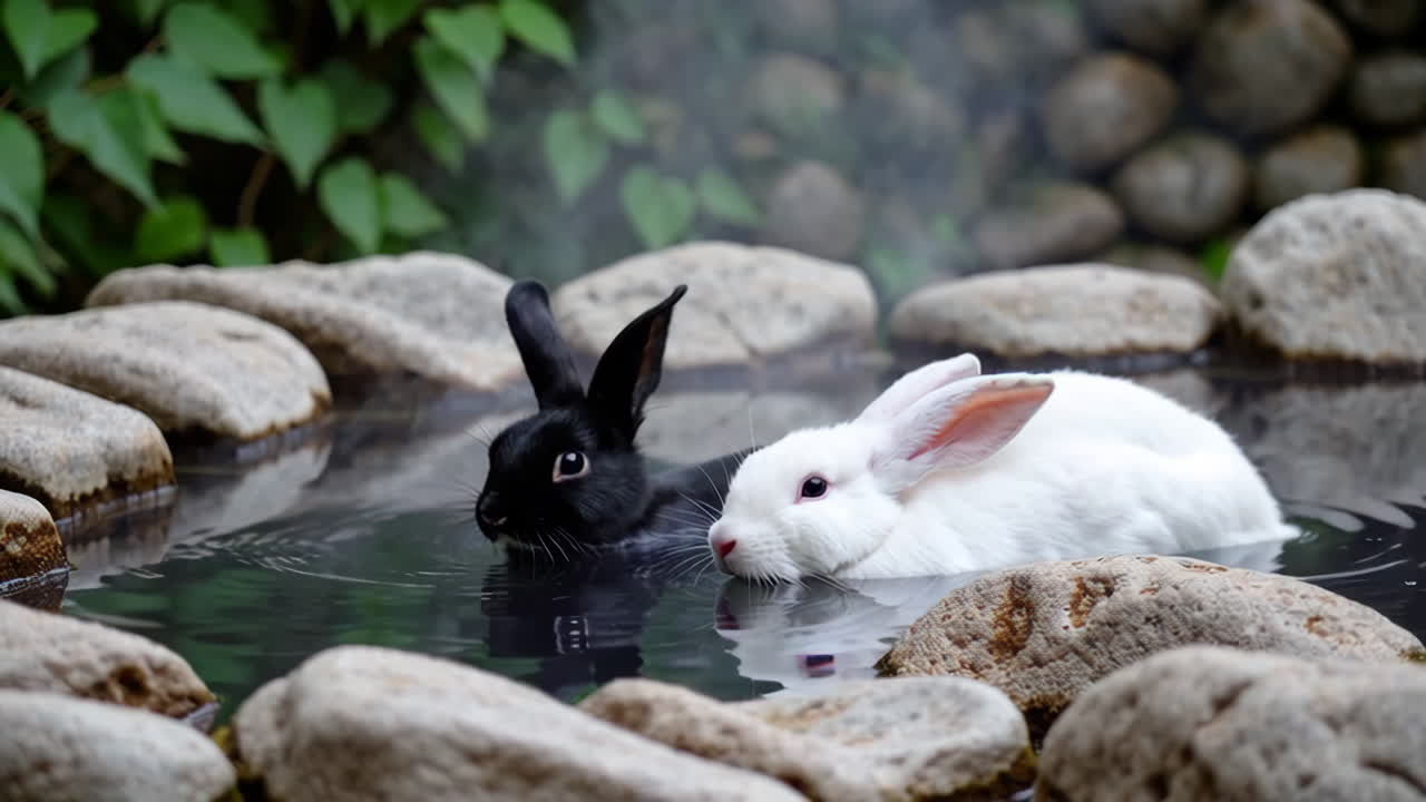 Two Rabbits in a Hot Spring
