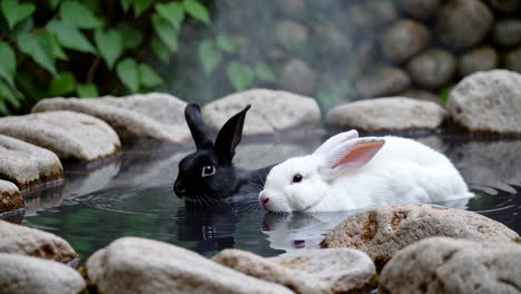 two rabbits in a hot spring