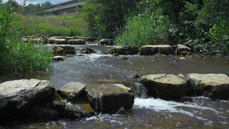 A-slow-motion-view-of-a-peaceful-creek-flowing-over-stepping-stones-with-white-foamy-bubbles