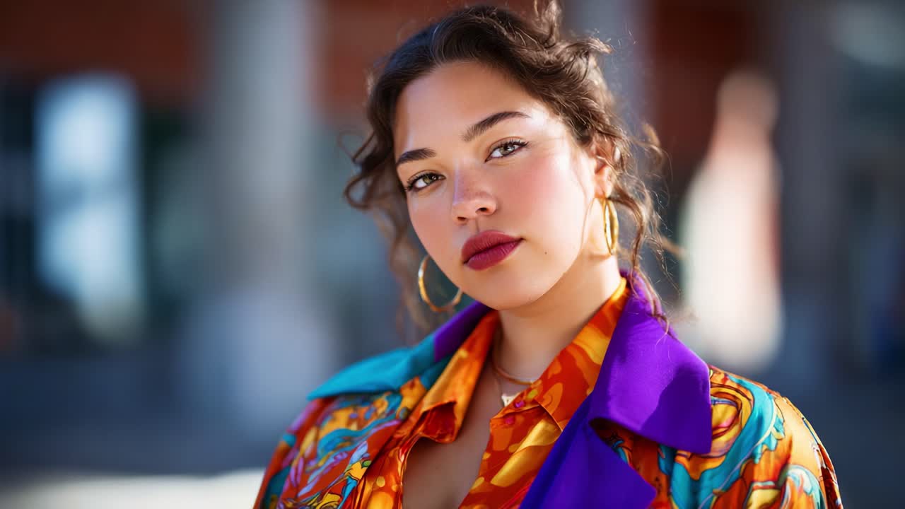 Un vivace ritratto di una donna sicura di sé con uno stile audace che mette in mostra una moda colorata e una forza interiore in un ambiente urbano dinamico