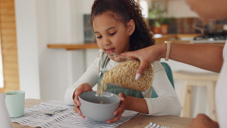 breakfast cereal, mother and girl ready for eating