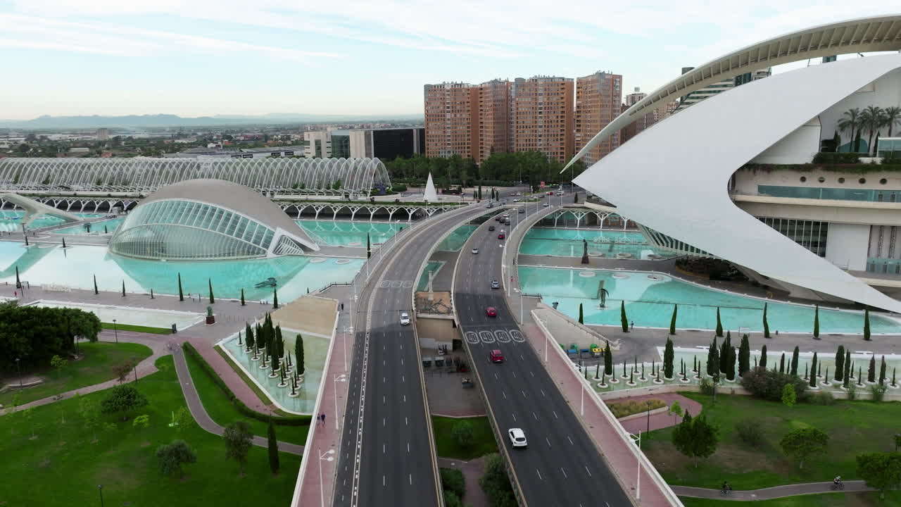 Aerial View Of Roads And Modern Architecture In The City Of Arts And Sciences In Valencia, Spain - drone shot