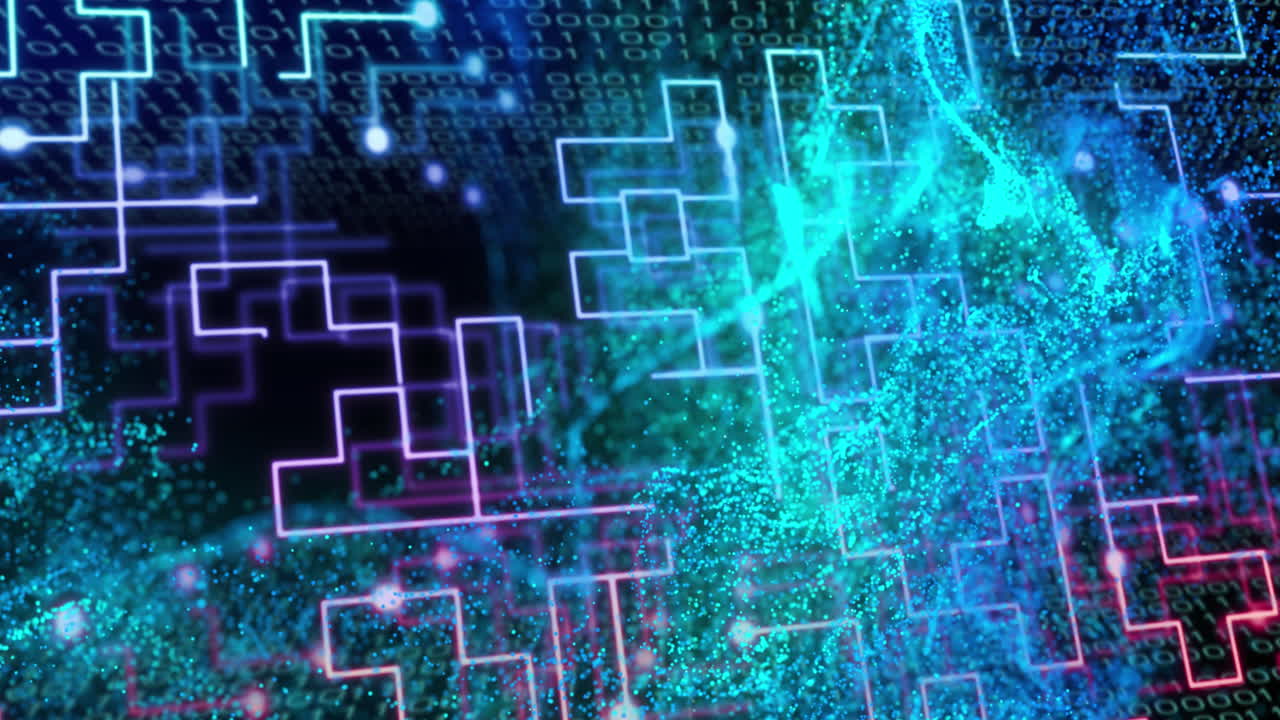 Animation of green mesh and data processing over circuit board