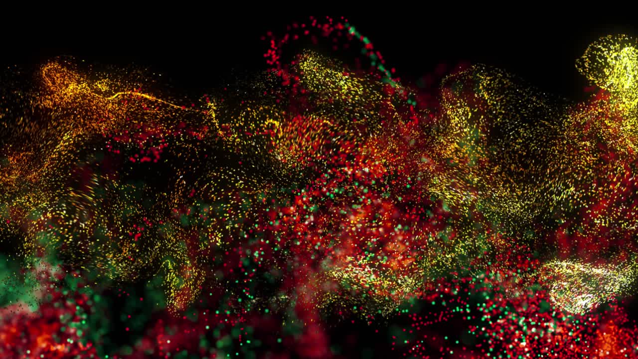 animación de una nube de partículas roja, amarilla y azul que se mueve sobre un fondo negro