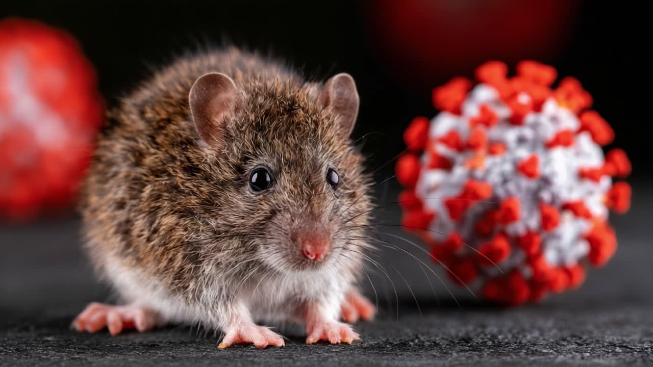 Close-Up of a Cute Mouse with a Background Featuring a Vividly Colored Virus Model, Showcasing the Intriguing Interaction Between Nature and Science