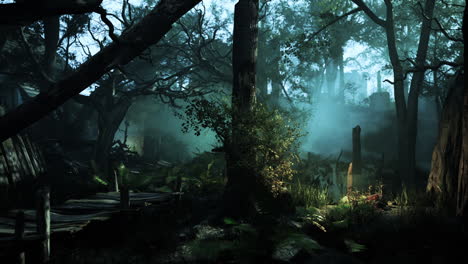 un camino de bosque nebuloso conduce a ruinas cubiertas de vegetación
