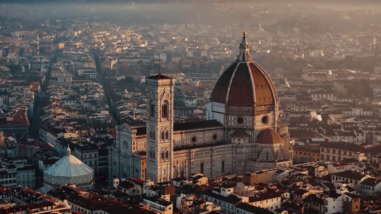 Aerial establishing approach to Florence Duomo at sunrise, golden light over the city rooftops