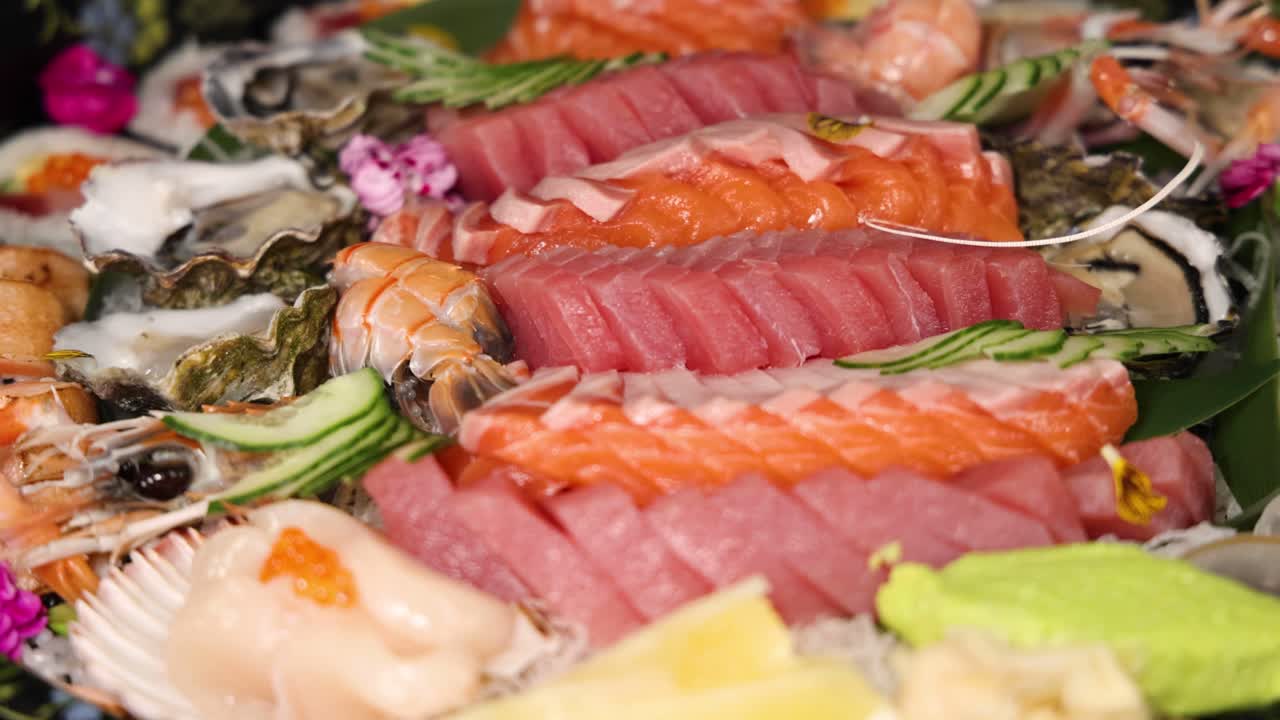 una variedad colorida de delicias de sushi y sashimi
