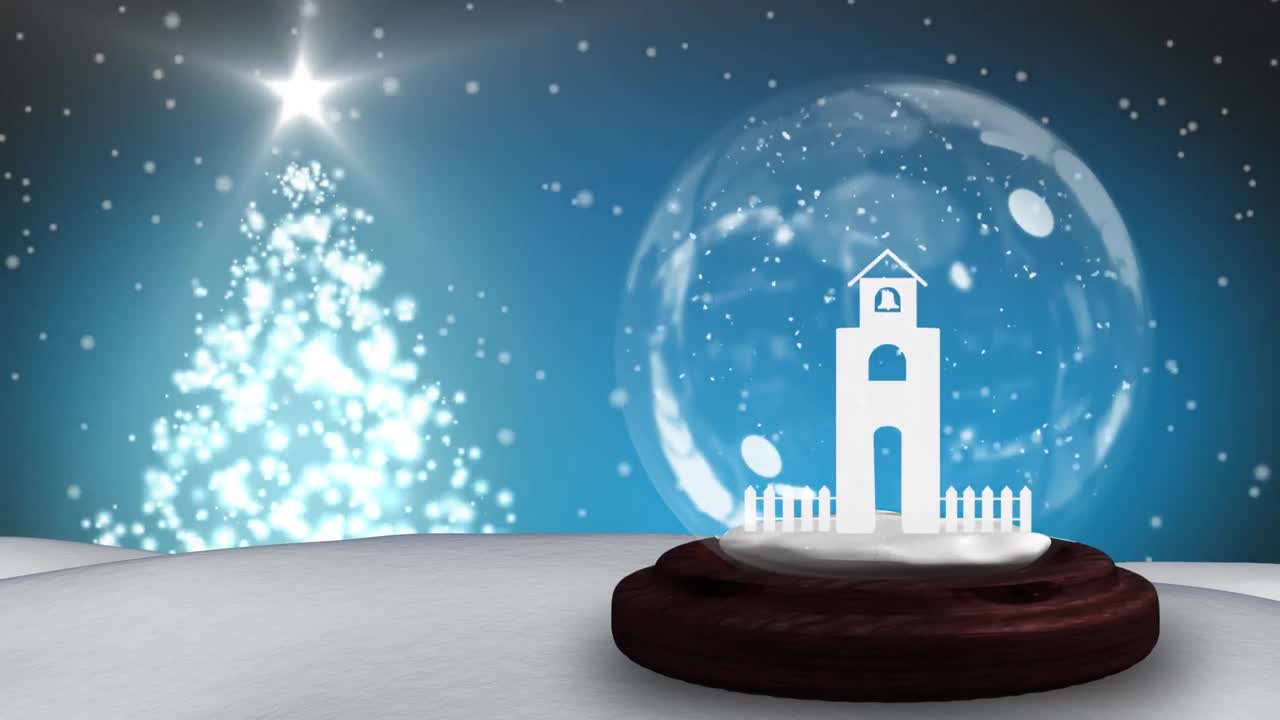 파란색 배경에 크리스마스 트리와 함께 눈이 떨어지는 스노우 글로브와 교회 탑의 애니메이션