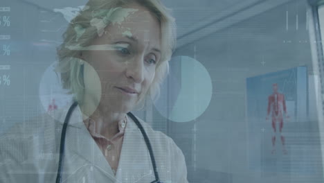 animation of infographic interface, low angle view of female doctor using digital tablet in hospital