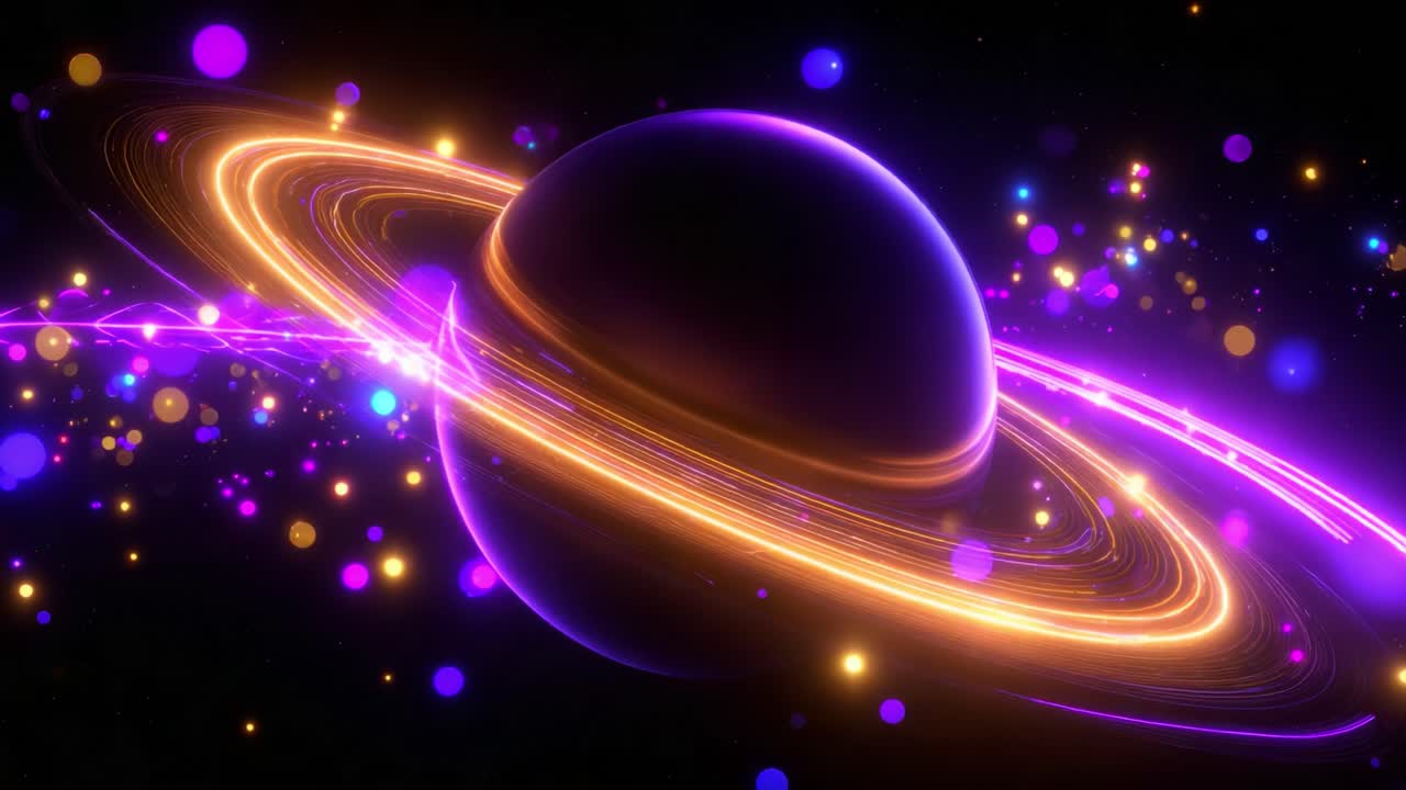 A Stunning Cosmic Scene Featuring a Vibrant Saturn Surrounded by Colorful Stardust and Glowing Orbs, Capturing the Beauty of the Universe in All Its Glory