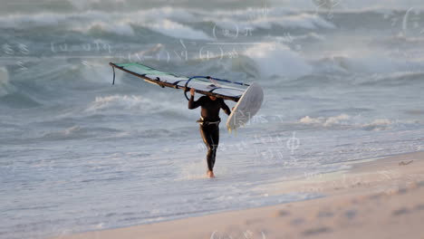 carrying windsurfing board on beach with mathematical equations animation over waves