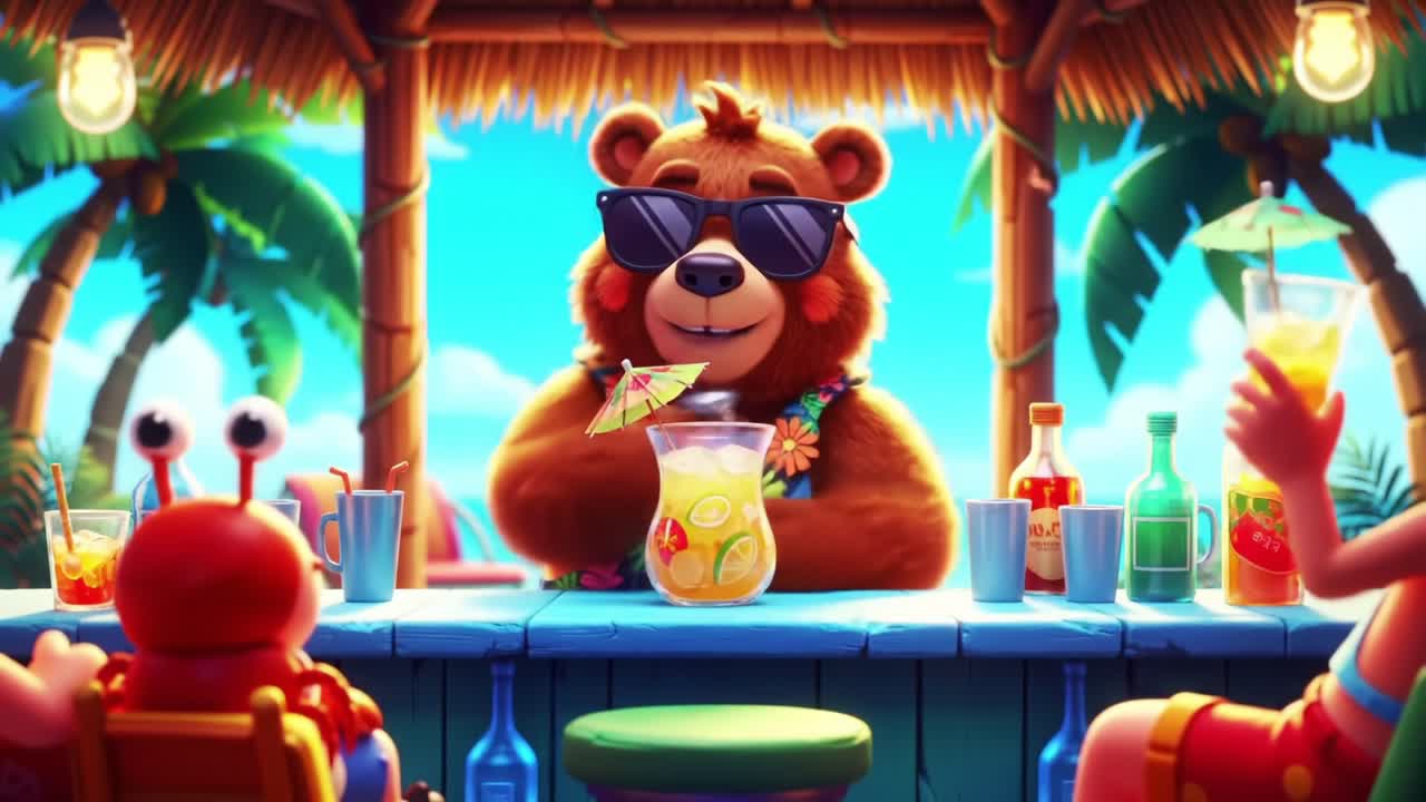 A Vibrant Tropical Bar Experience Featuring a Celebratory Bear in Sunglasses Mixing Refreshing Cocktails Surrounded by Playful Friends and Exotic Beverages